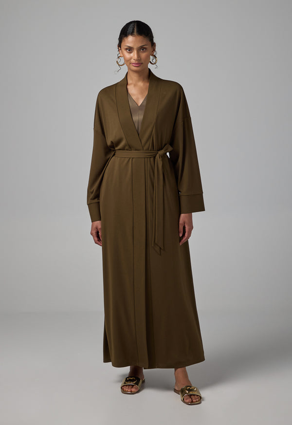 Choice Solid Drop Shoulder Belted Abaya Khaki