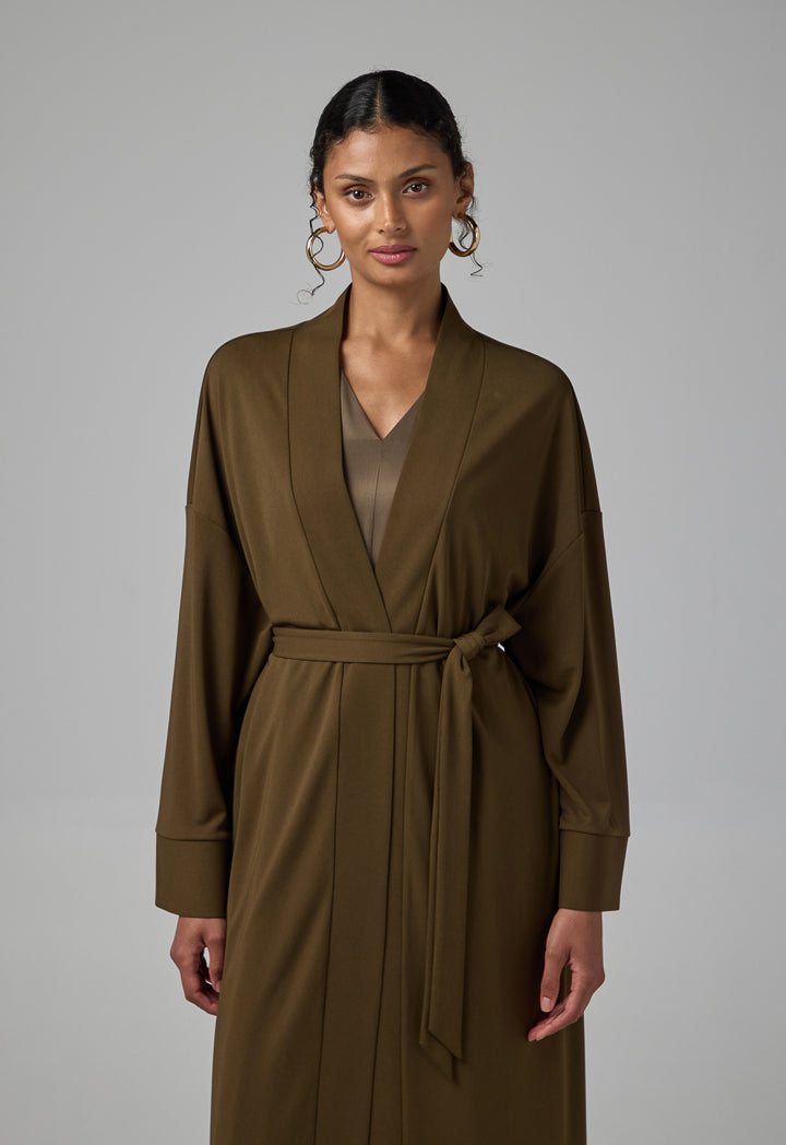 Choice Solid Drop Shoulder Belted Abaya Khaki