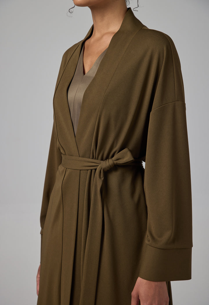 Choice Solid Drop Shoulder Belted Abaya Khaki