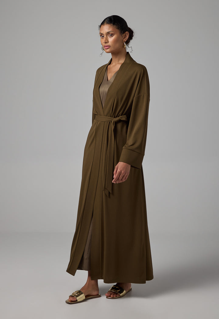 Choice Solid Drop Shoulder Belted Abaya Khaki