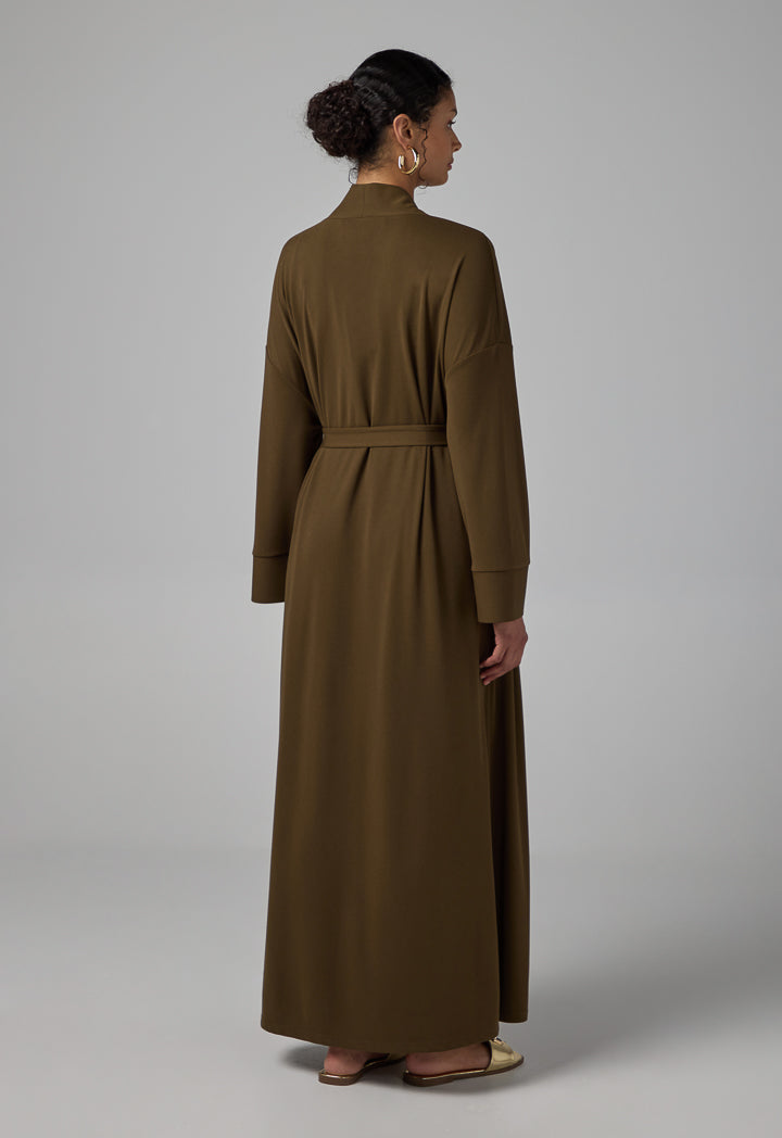 Choice Solid Drop Shoulder Belted Abaya Khaki