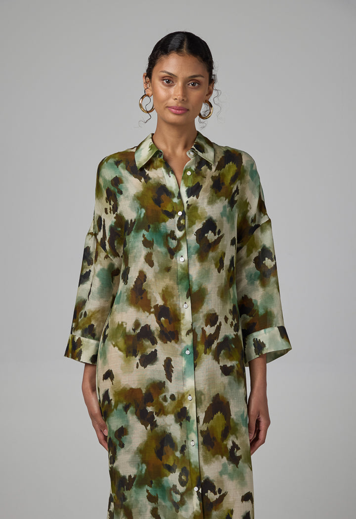 Choice Drop Shoulder Printed Shirt Dress Multi Color