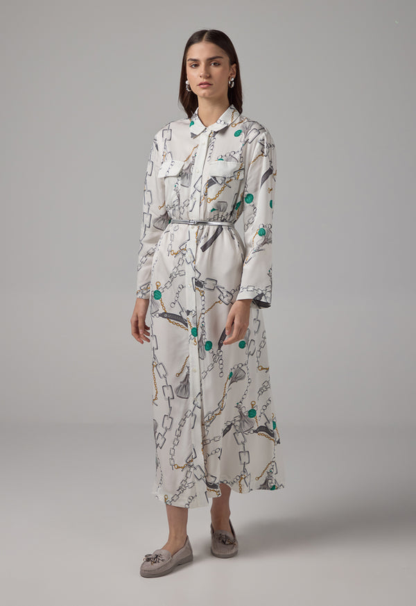 Choice Chain Printed Belted Maxi Shirt Dress Multi Color