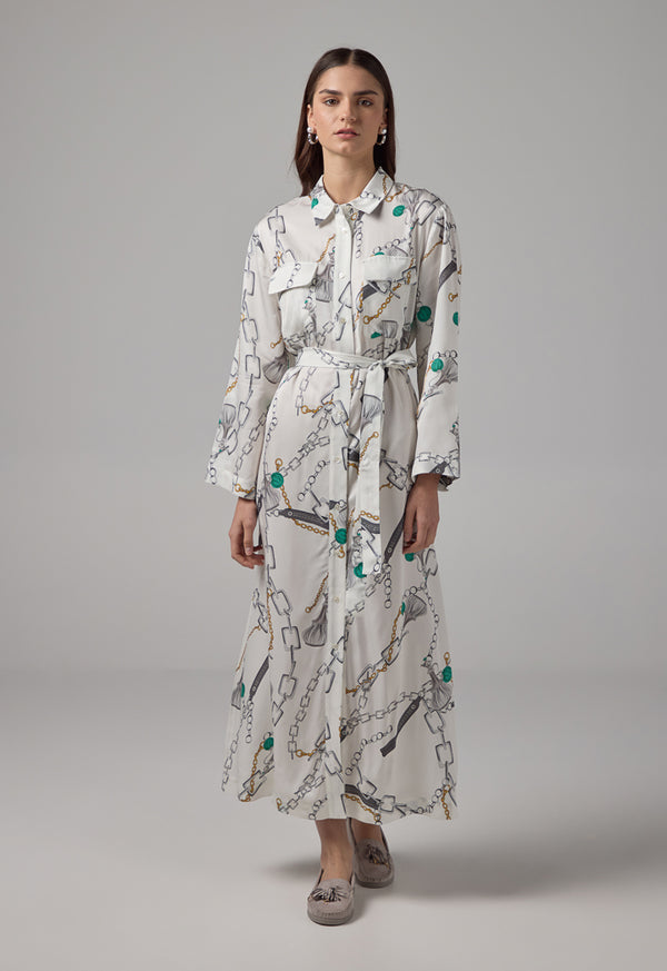 Choice Chain Printed Belted Maxi Shirt Dress Multi Color