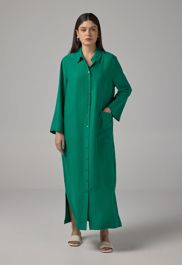 Choice Front Pocket Belted Shirt Dress Green