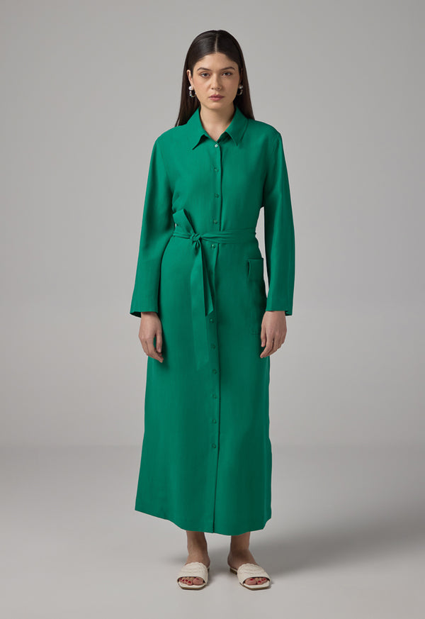 Choice Front Pocket Belted Shirt Dress Green