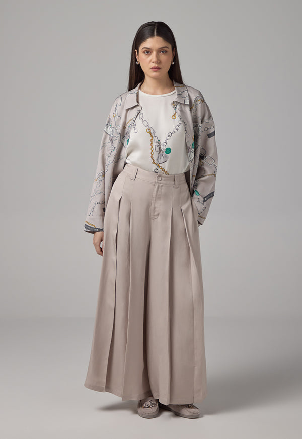 Choice Solid Wide Legs Pleated Palazzo Trousers Grey