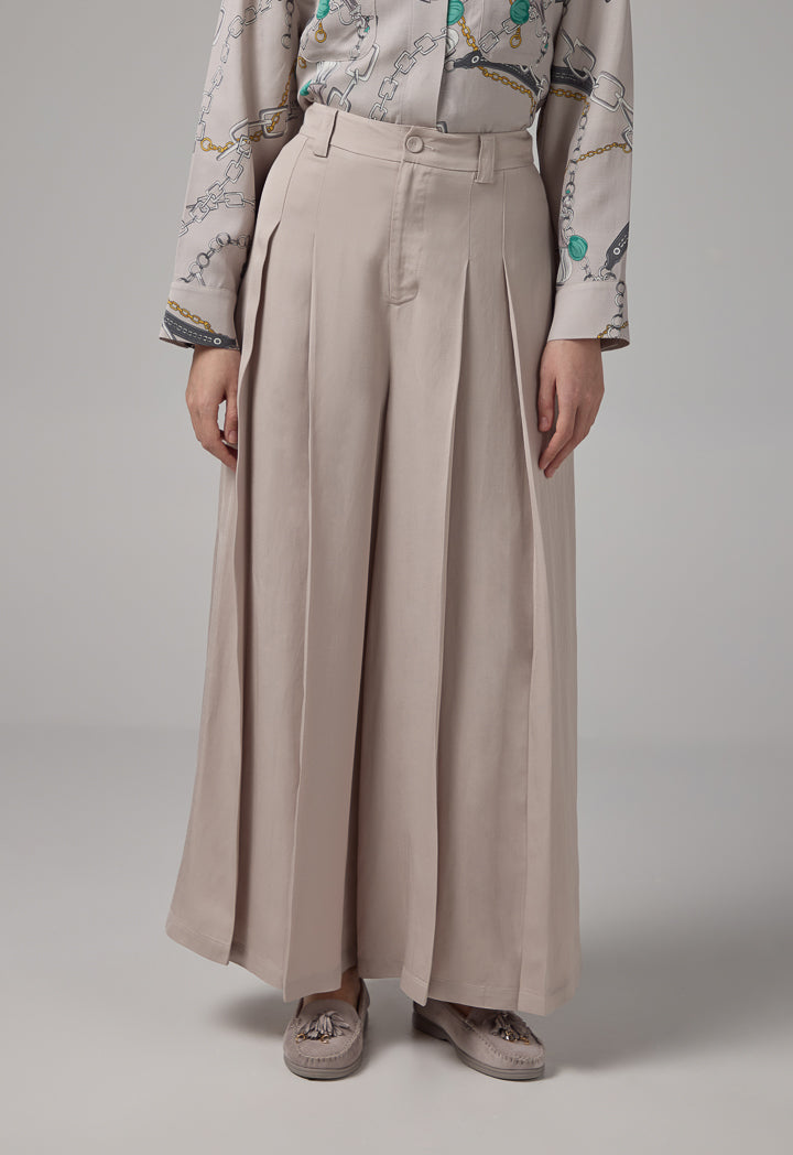 Choice Solid Wide Legs Pleated Palazzo Trousers Grey