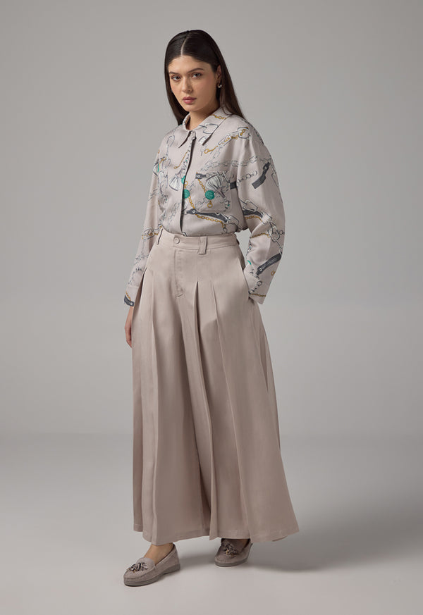 Choice Solid Wide Legs Pleated Palazzo Trousers Grey