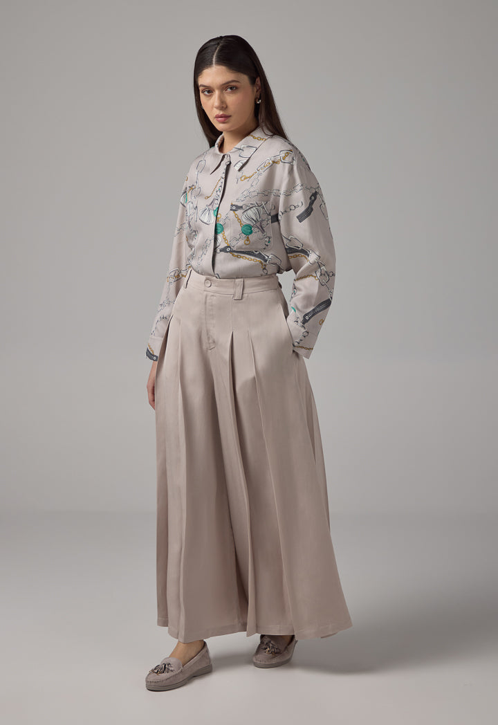 Choice Solid Wide Legs Pleated Palazzo Trousers Grey