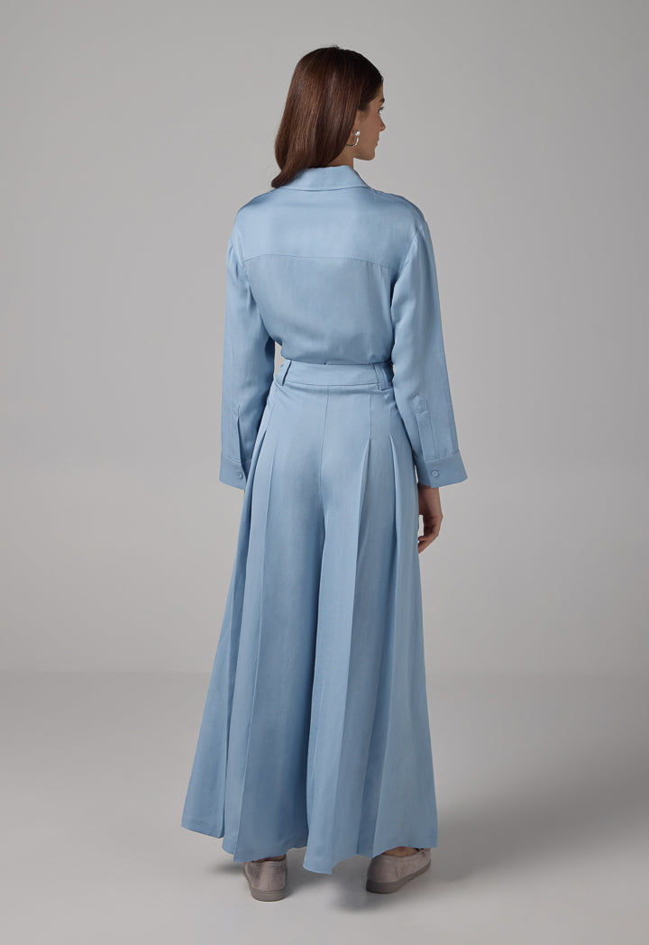 Choice Solid Wide Legs Pleated Palazzo Trousers Blue