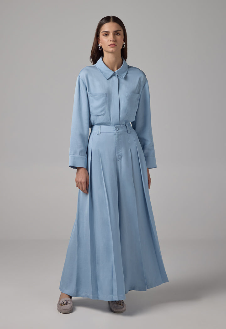 Choice Solid Wide Legs Pleated Palazzo Trousers Blue