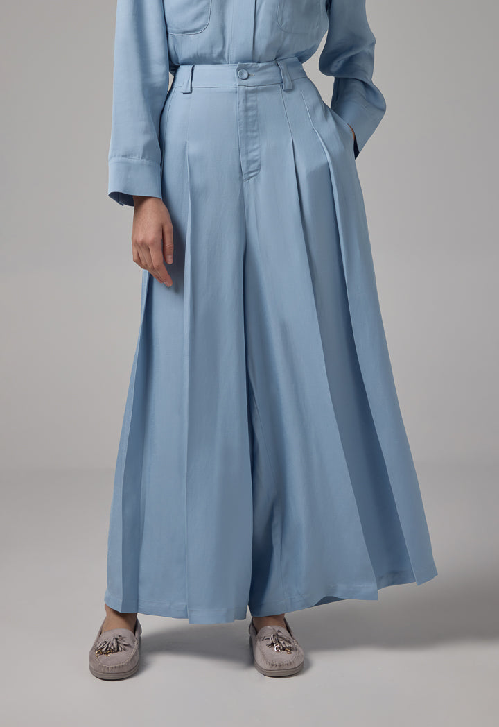 Choice Solid Wide Legs Pleated Palazzo Trousers Blue