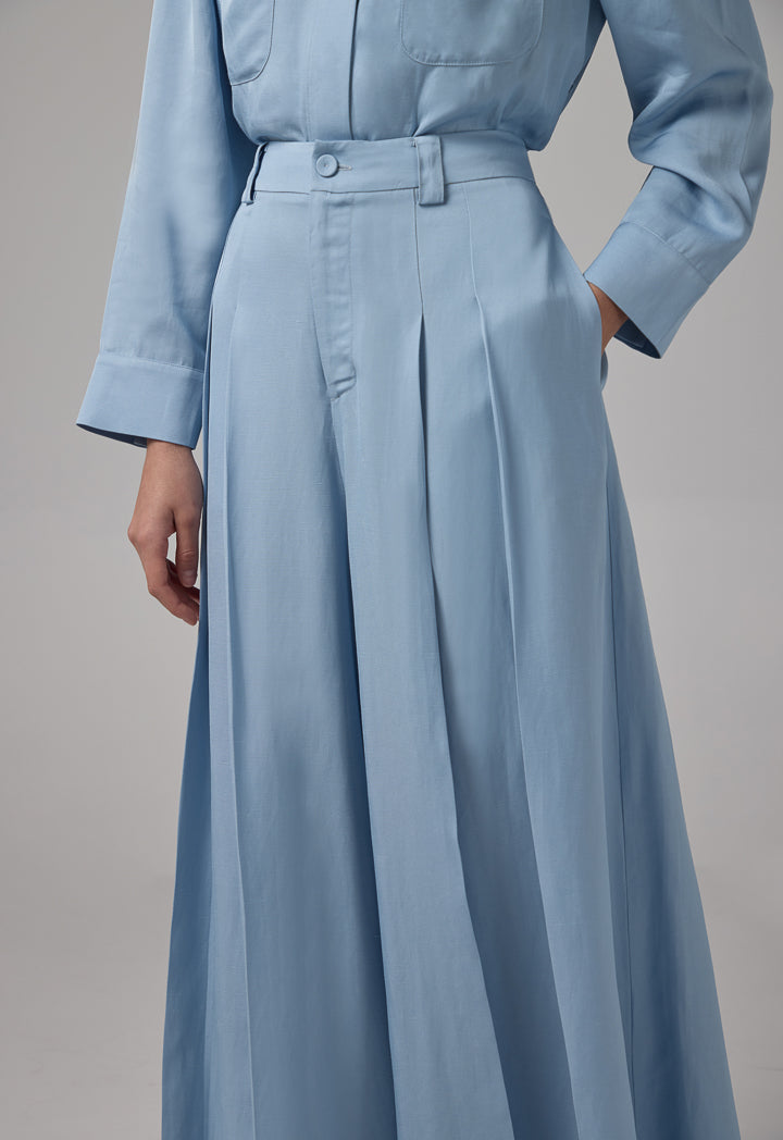 Choice Solid Wide Legs Pleated Palazzo Trousers Blue