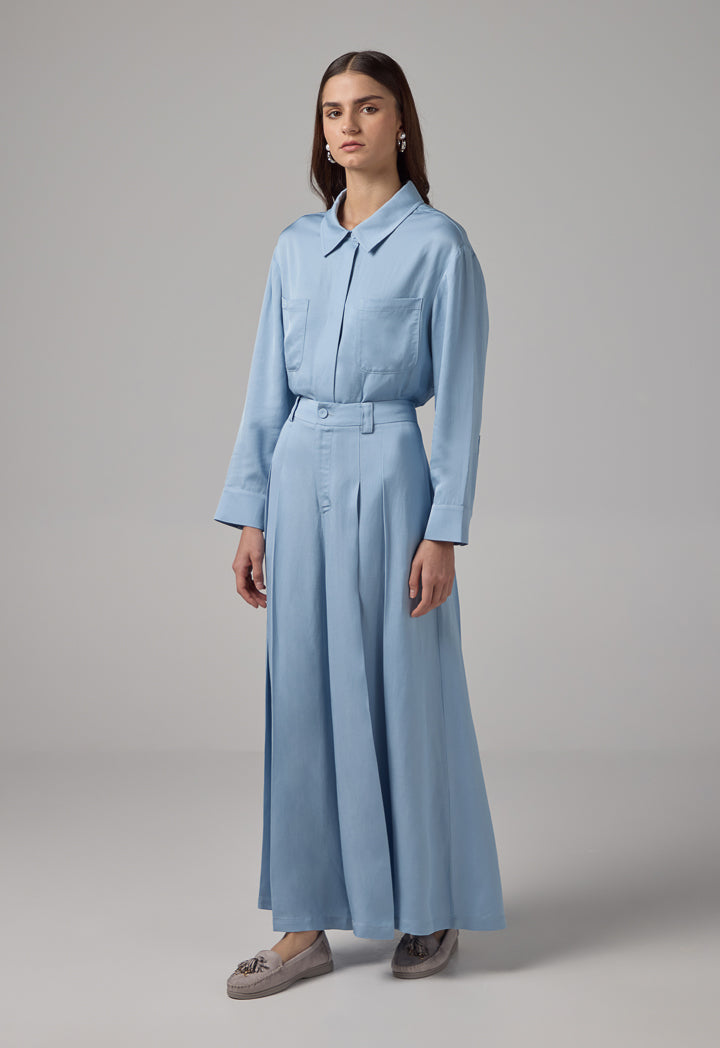 Choice Solid Wide Legs Pleated Palazzo Trousers Blue