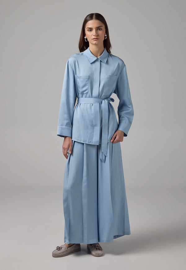 Choice Solid Front Pockets Belted Shirt Blue