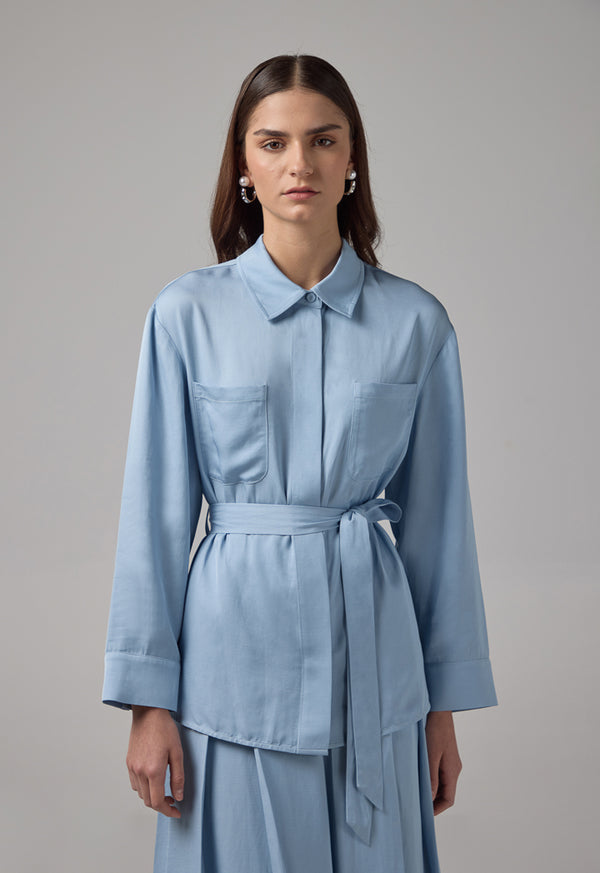 Choice Solid Front Pockets Belted Shirt Blue