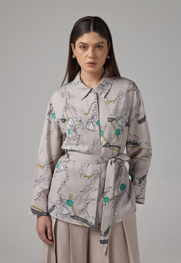 Choice Front Pockets Chains Print Shirt Multi Color