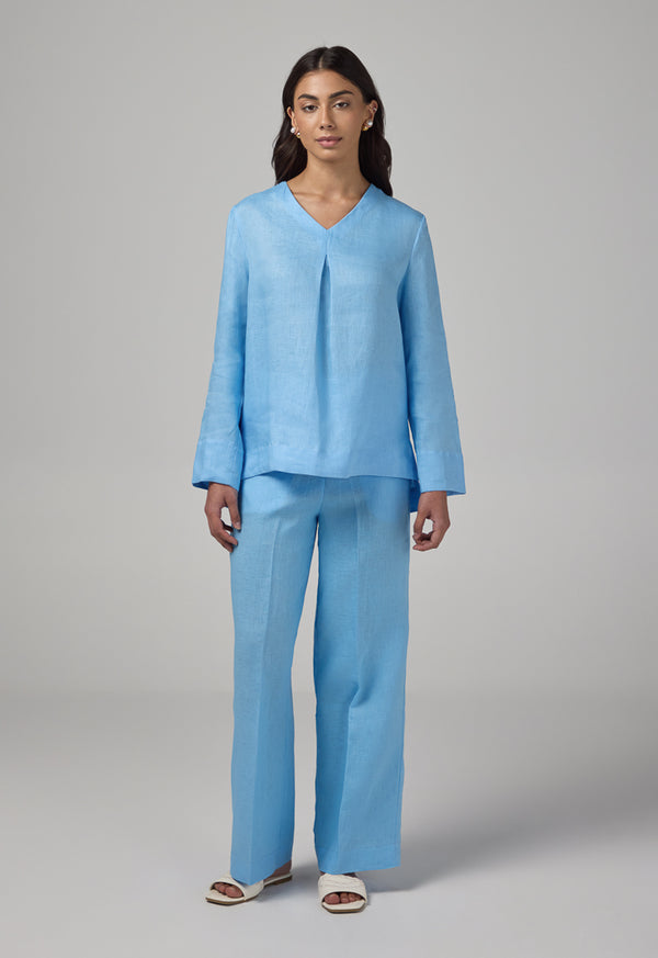 Choice V- Neck Linen Basic Blouse Light Blue