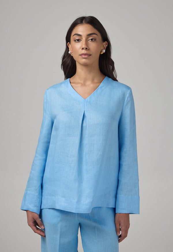 Choice V- Neck Linen Basic Blouse Light Blue