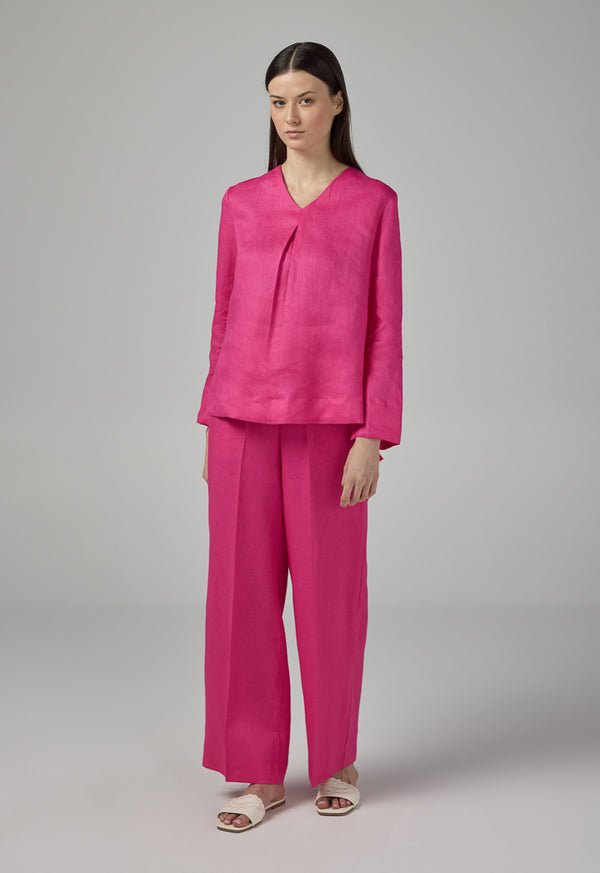 Choice V- Neck Linen Basic Blouse Fuchsia