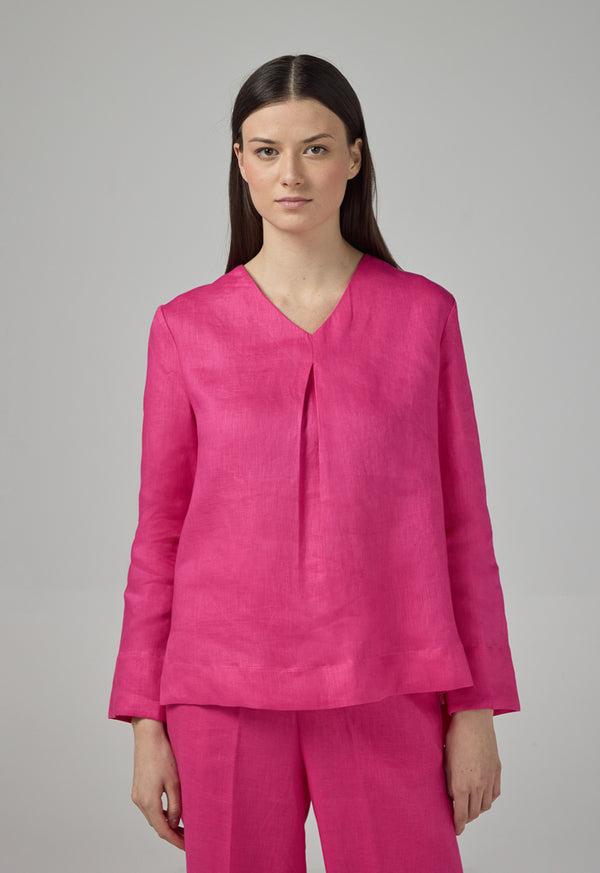 Choice V- Neck Linen Basic Blouse Fuchsia