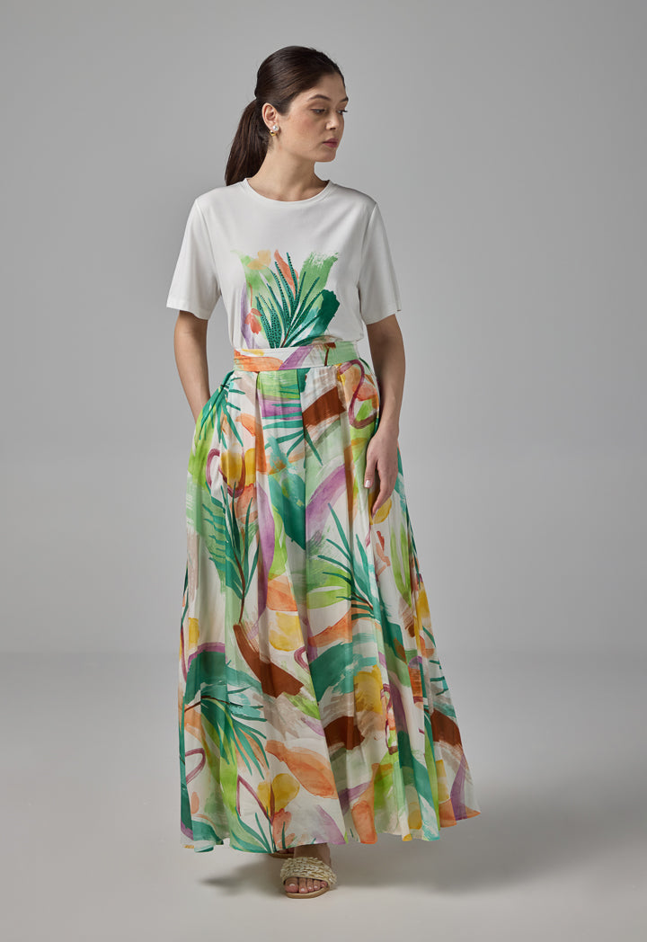 Choice Pleated Printed Maxi Skirt Multi Color
