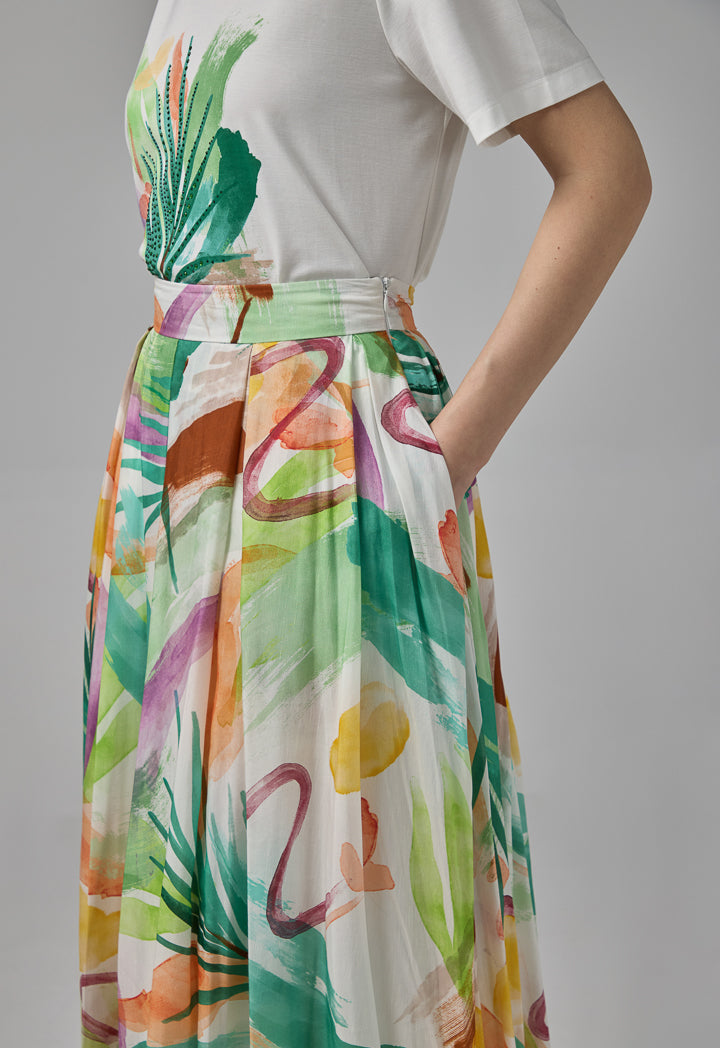 Choice Pleated Printed Maxi Skirt Multi Color
