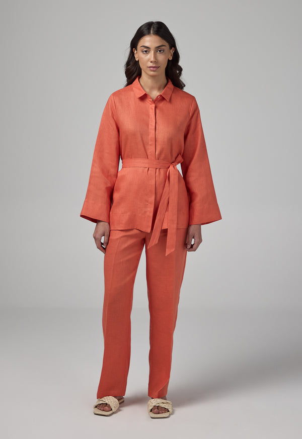 Choice Regular Fit Belted Linen Shirt Orange