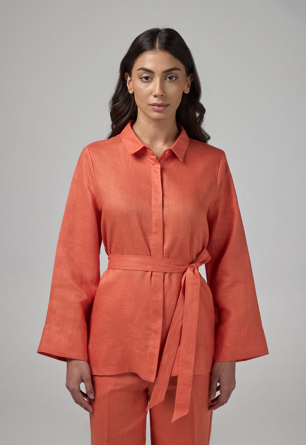 Choice Regular Fit Belted Linen Shirt Orange