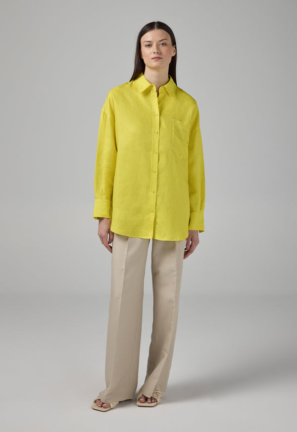 Choice Crystal Embellished Linen Shirt Lime