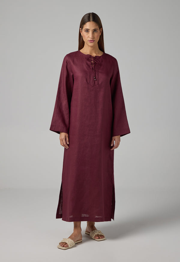 Choice Solid Belted Maxi Linen Dress Brown