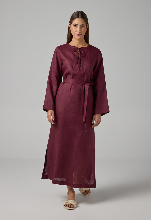 Choice Solid Belted Maxi Linen Dress Brown