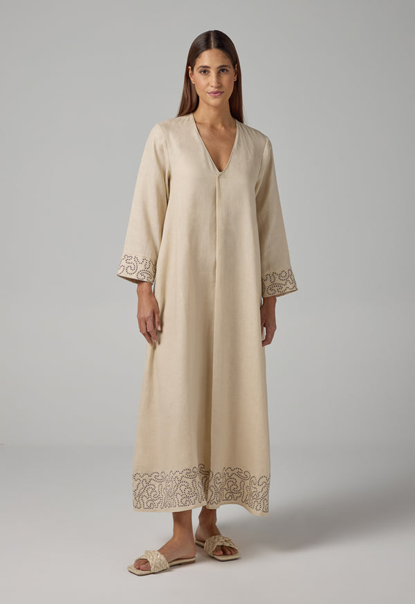 Choice Solid V-Neck Linen Dress Beige
