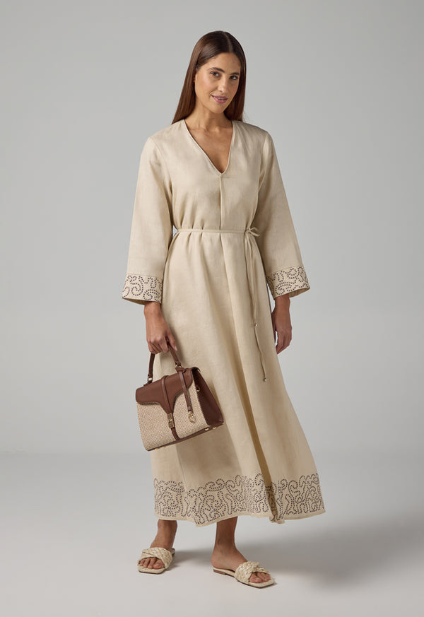 Choice Solid V-Neck Linen Dress Beige