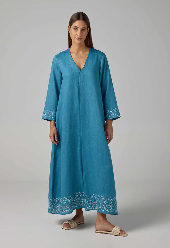 Choice Solid V-Neck Linen Dress Blue