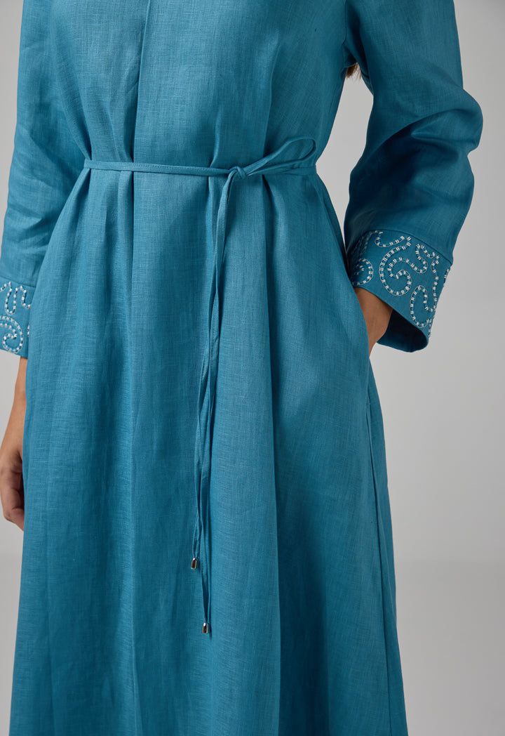 Choice Solid V-Neck Linen Dress Blue