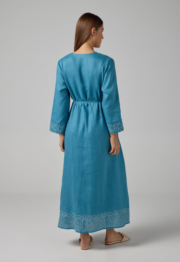 Choice Solid V-Neck Linen Dress Blue