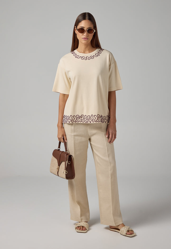 Choice Embroidered Contrast T-Shirt Beige