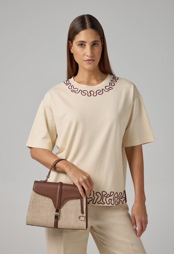 Choice Embroidered Contrast T-Shirt Beige
