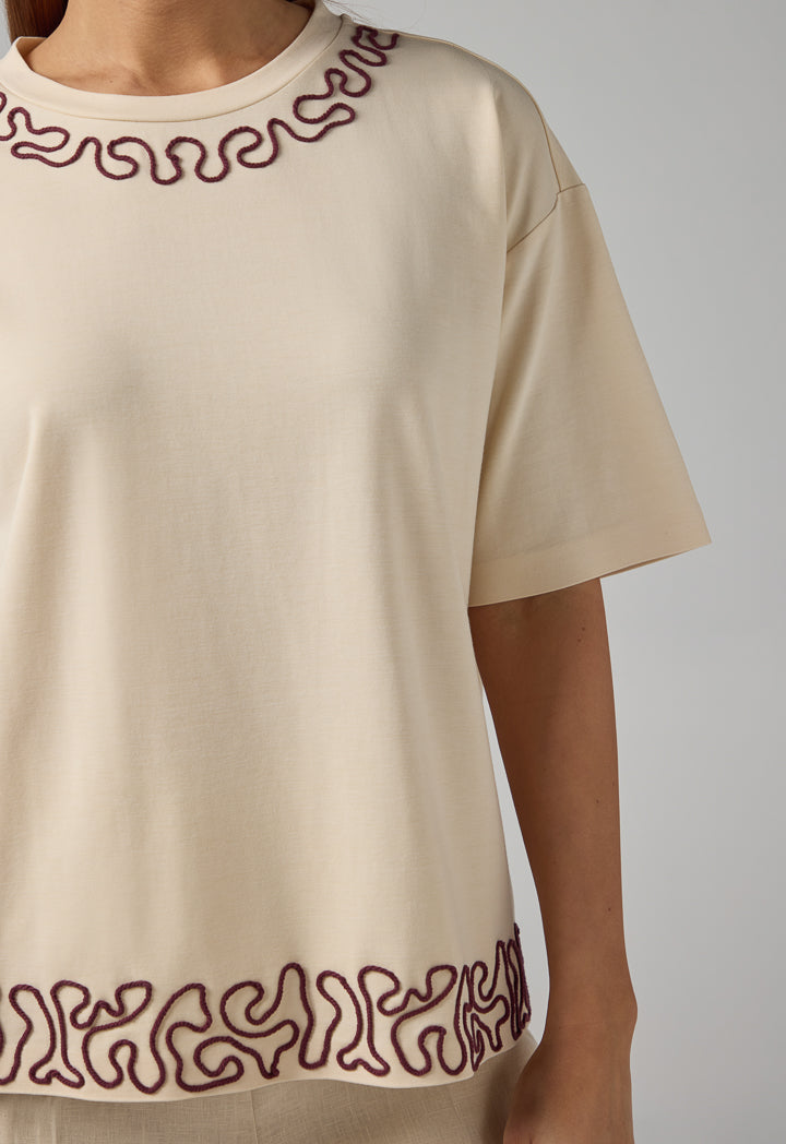 Choice Embroidered Contrast T-Shirt Beige