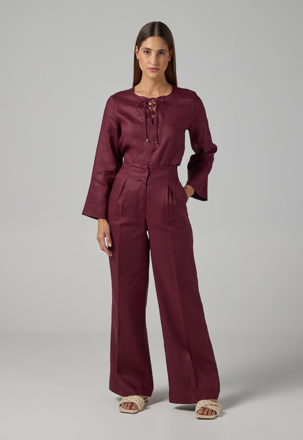 Choice Solid Straight Cut Linen Trousers Brown