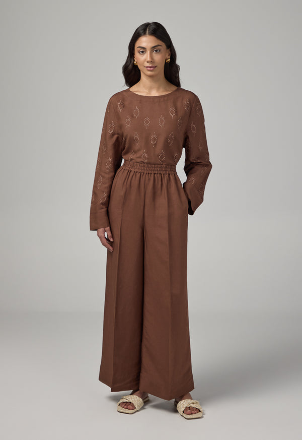 Choice Wide Leg Basic Trousers Brown