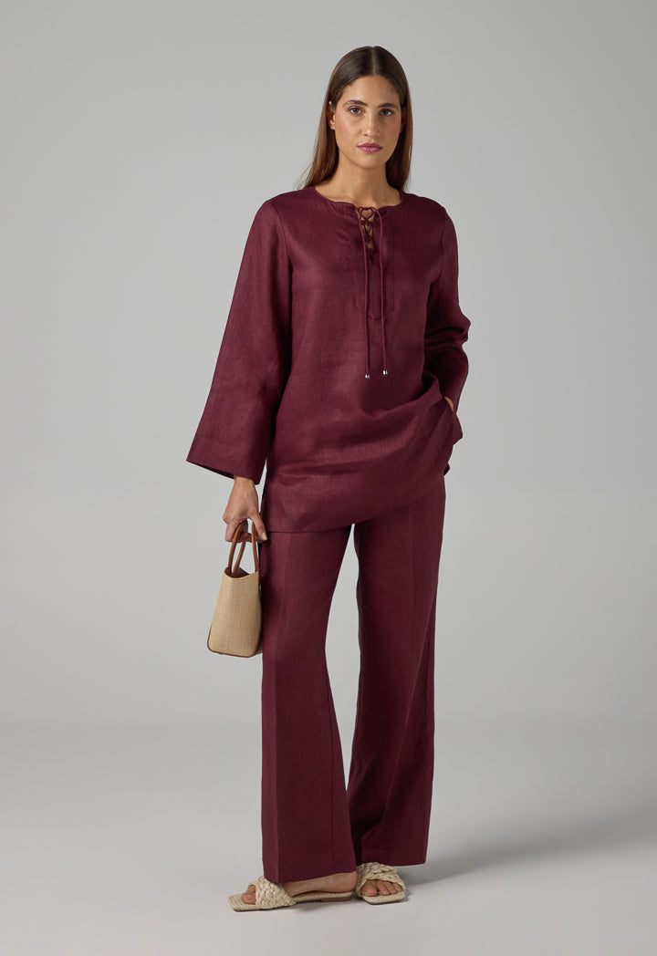 Choice Solid Drawstring Linen Shirt Brown