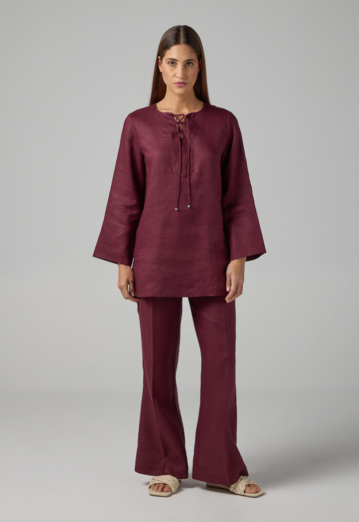 Choice Solid Drawstring Linen Shirt Brown