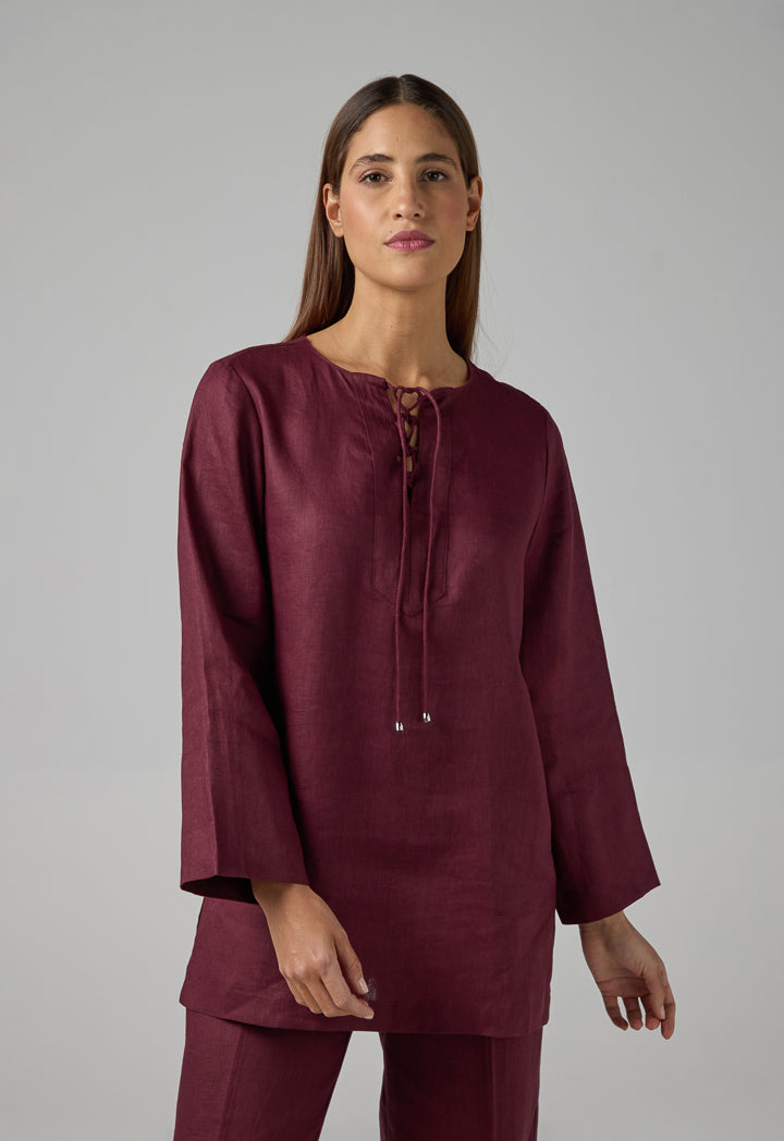 Choice Solid Drawstring Linen Shirt Brown