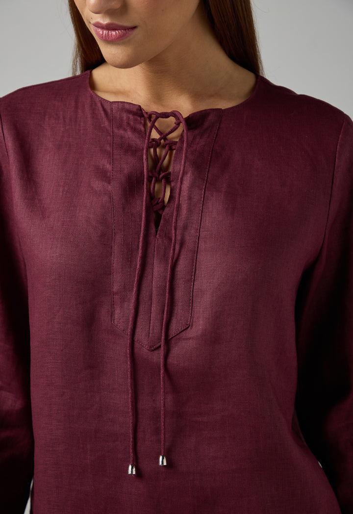 Choice Solid Drawstring Linen Shirt Brown