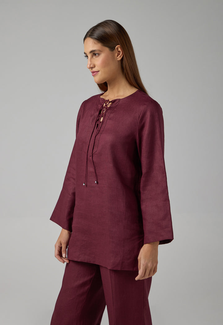 Choice Solid Drawstring Linen Shirt Brown