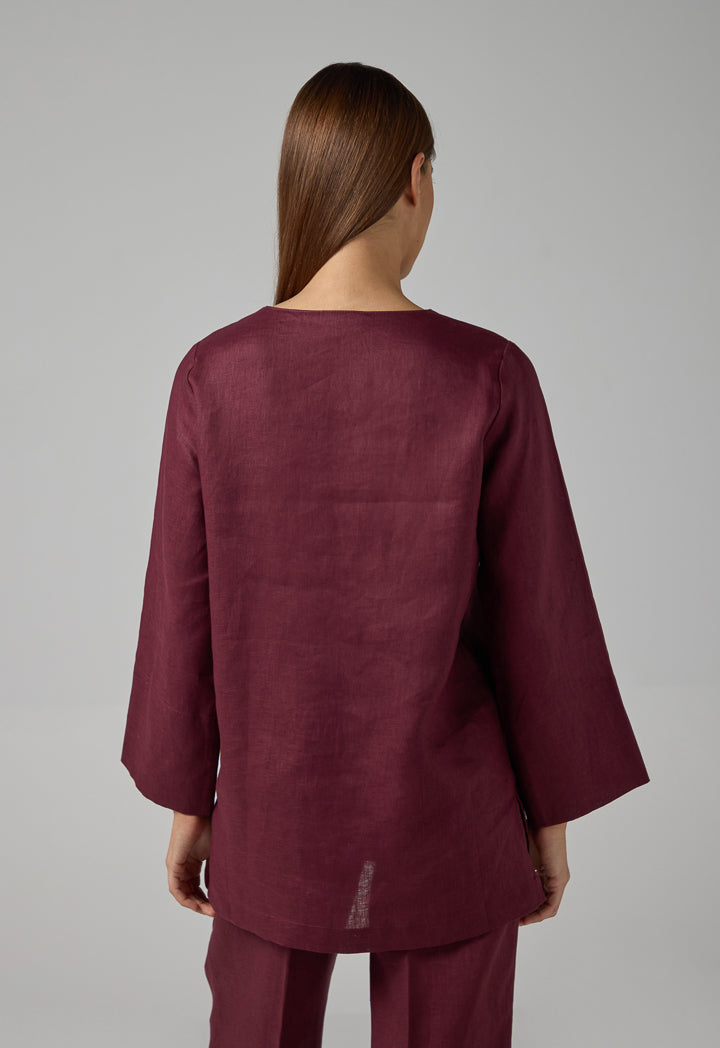 Choice Solid Drawstring Linen Shirt Brown