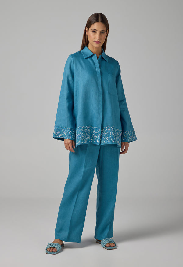 Choice Embroidered Contrast Linen Shirt Blue